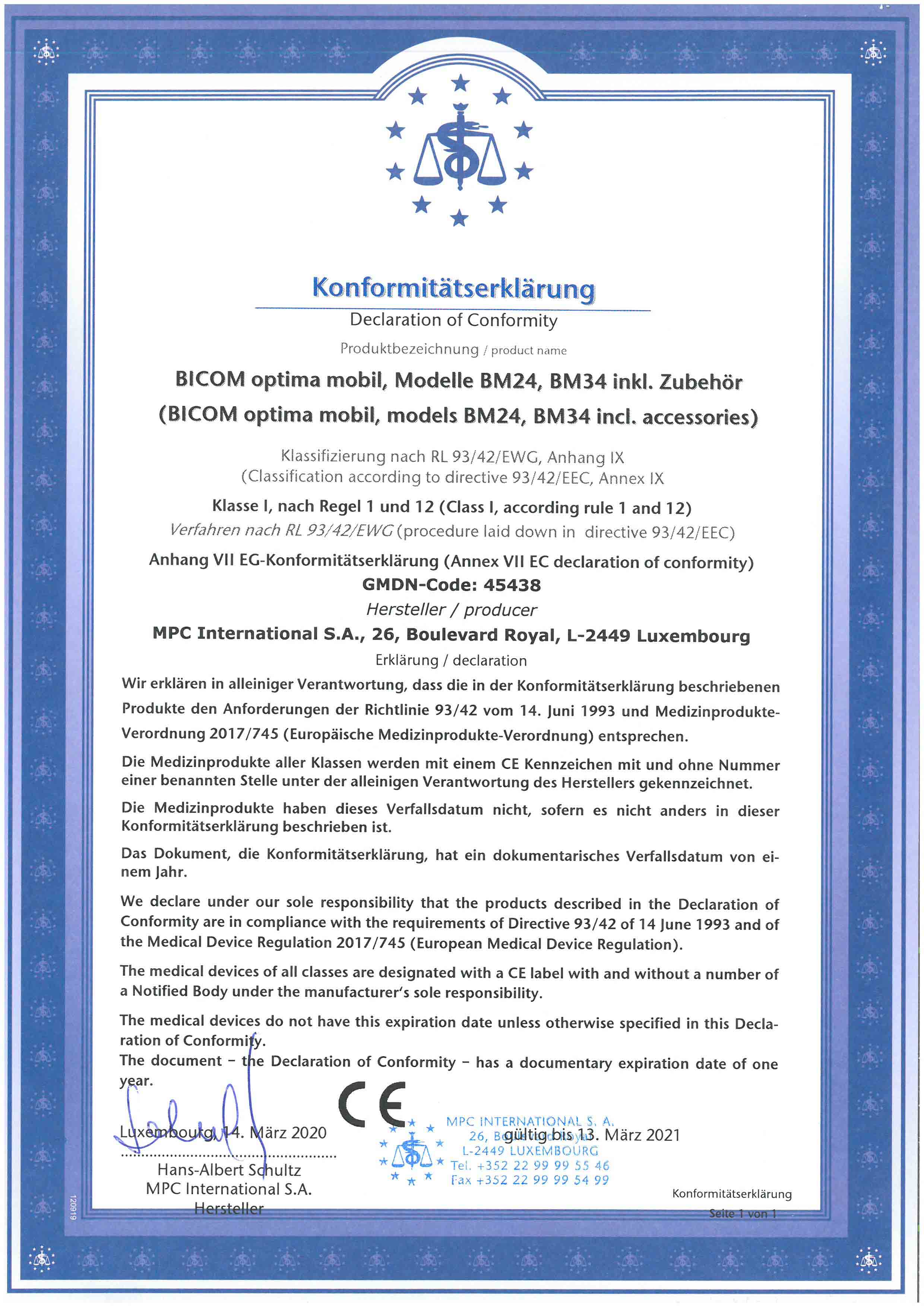 Certifikát 1 - BICOM optima